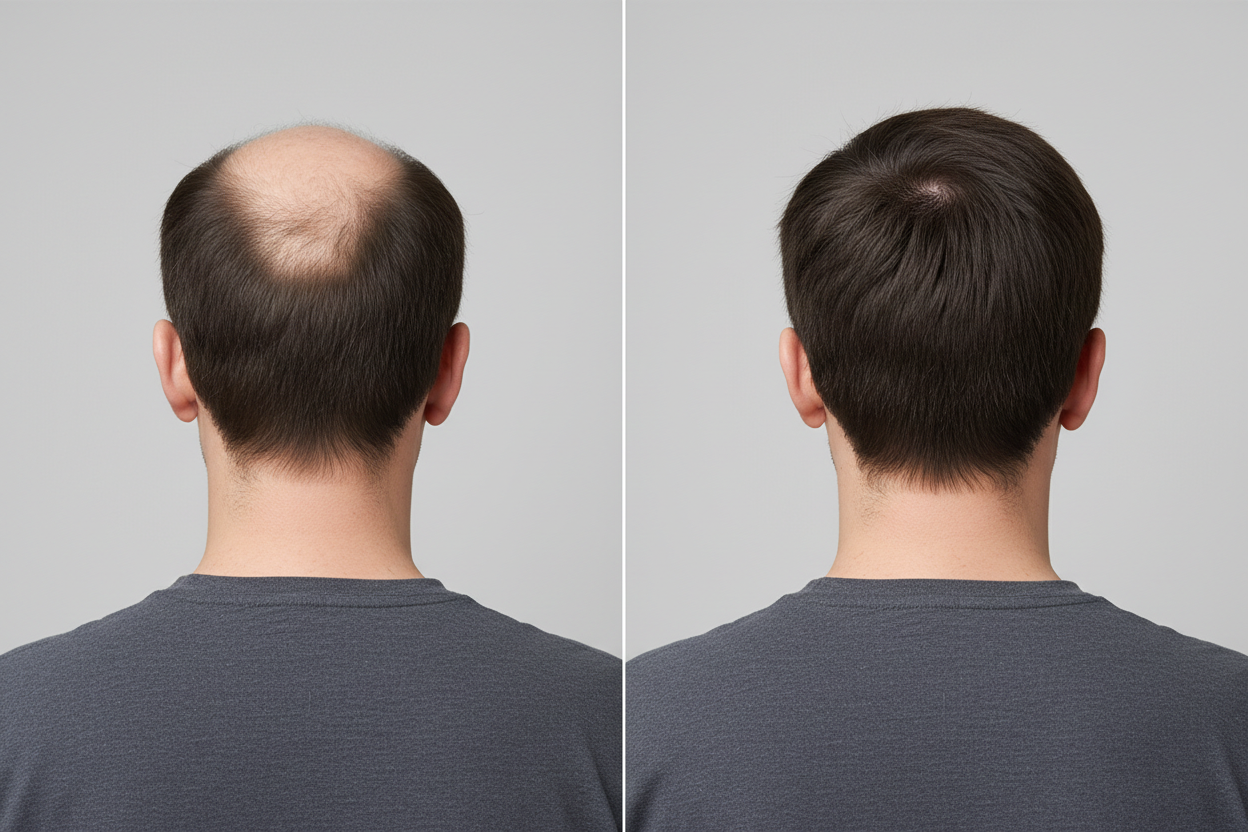 A side-by-side comparison of a man's thinning hair and fuller hair, shown from the back against a light gray background.